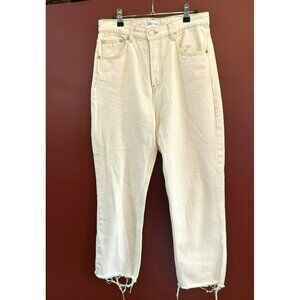 Zara Women's Off White Button Fly Denim Jeans Size 8 Raw Hem 5 Pocket